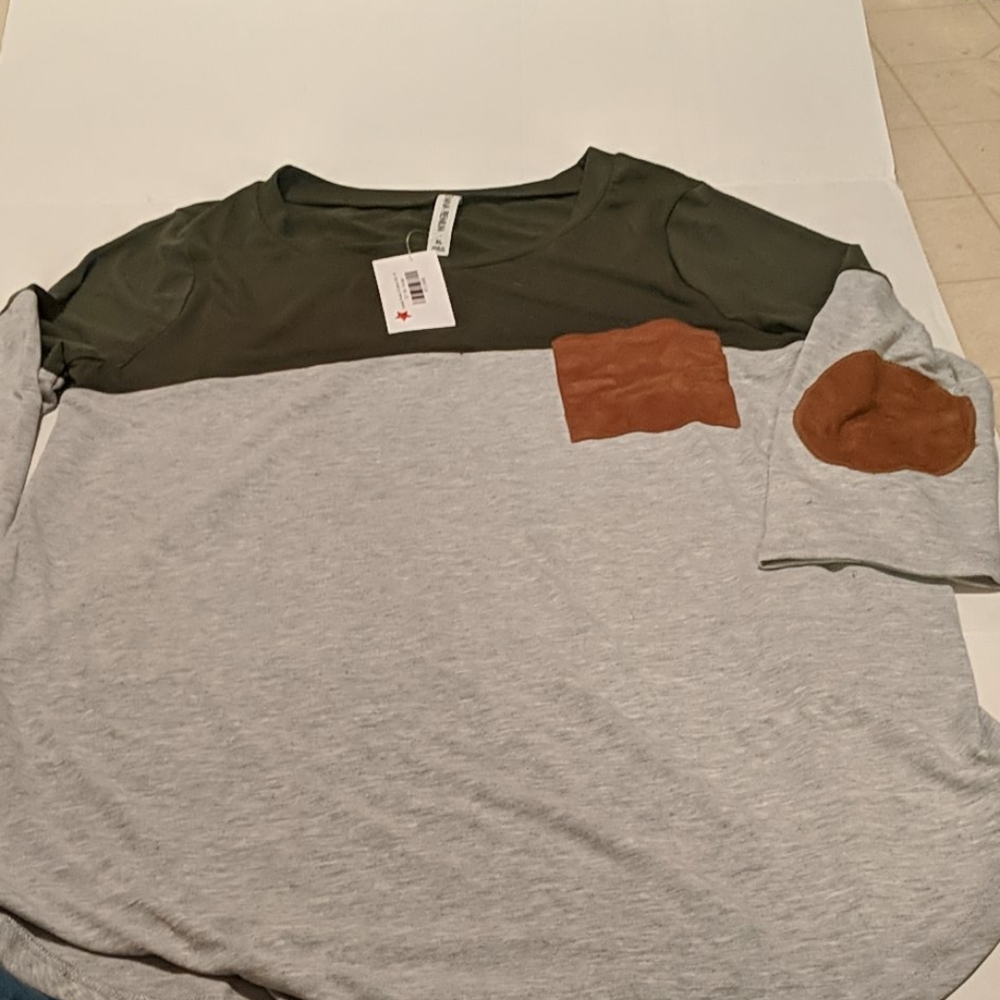 New Gray and Green blouse with faux patches